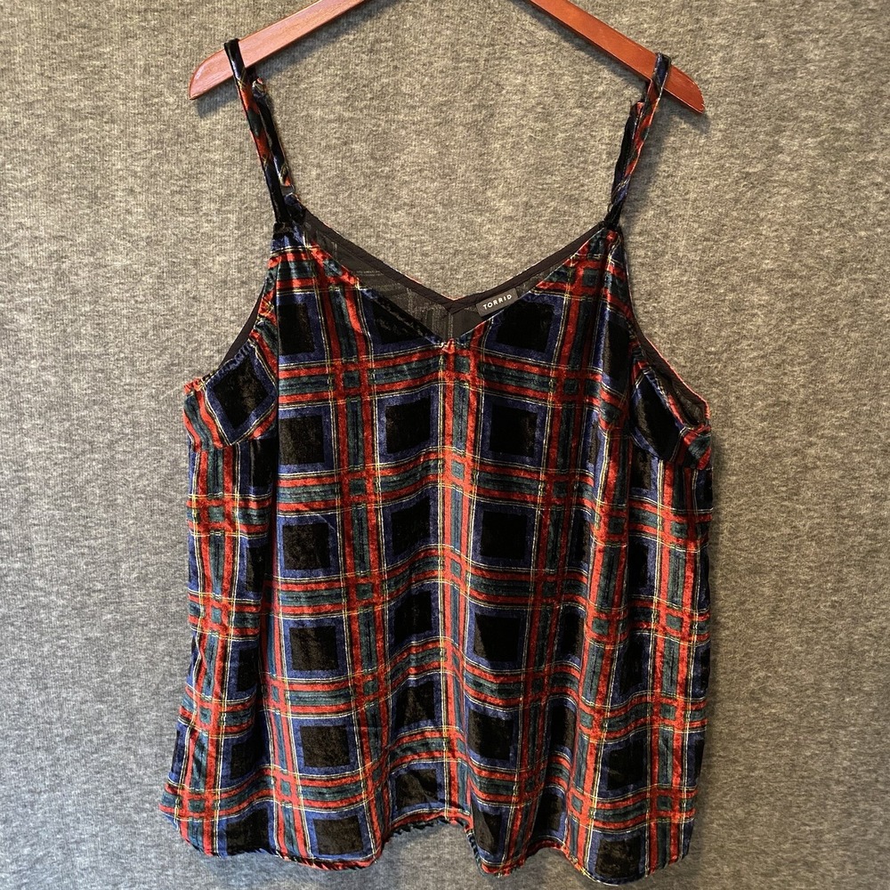 Torrid Sophie Velvet Swing Cami Tank Top 3 3X Black Red Plaid V Neck Adjustable‎